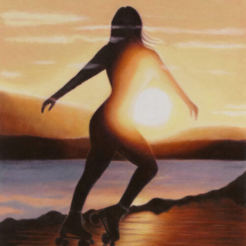 Roller Skating Woman and Sunset, Coloured Pencil Drawing