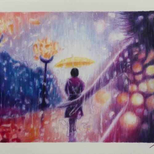 Walking in Purple Rain, Coloured Pencil Drawing