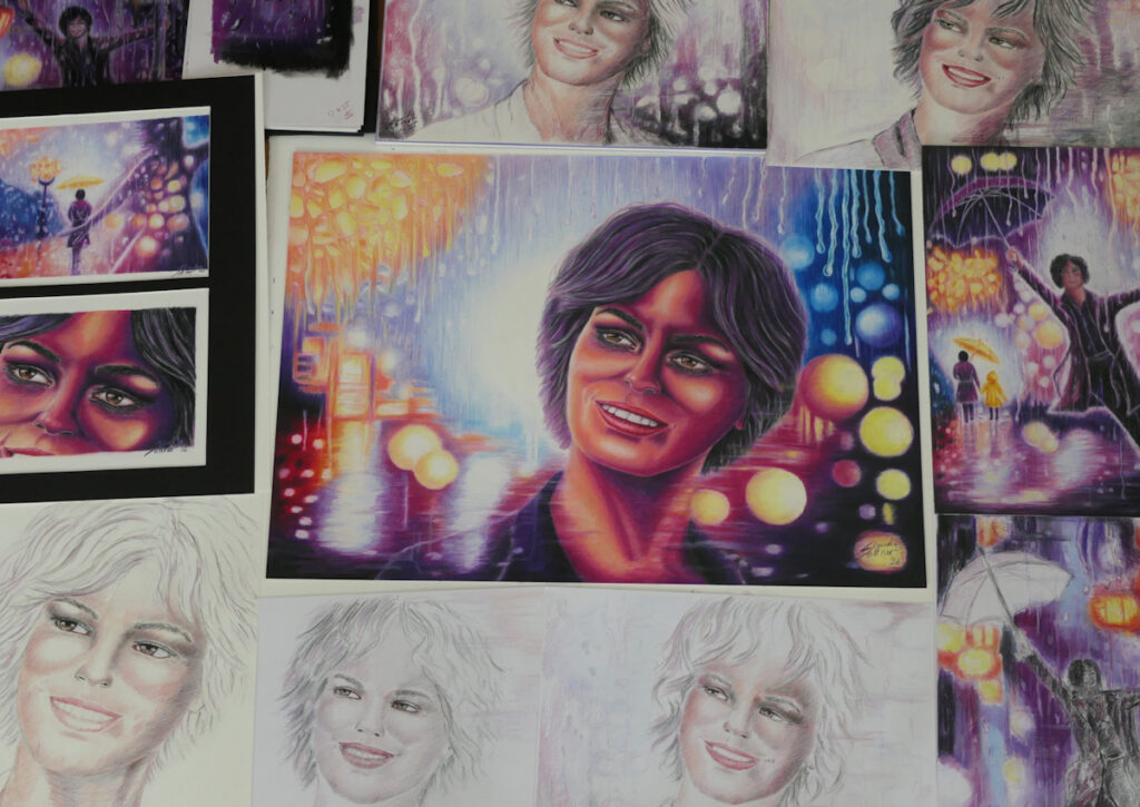 A side-by-side view showing the initial concept sketches and the final, highly detailed colored pencil drawing for the "Purple Rain" artwork.